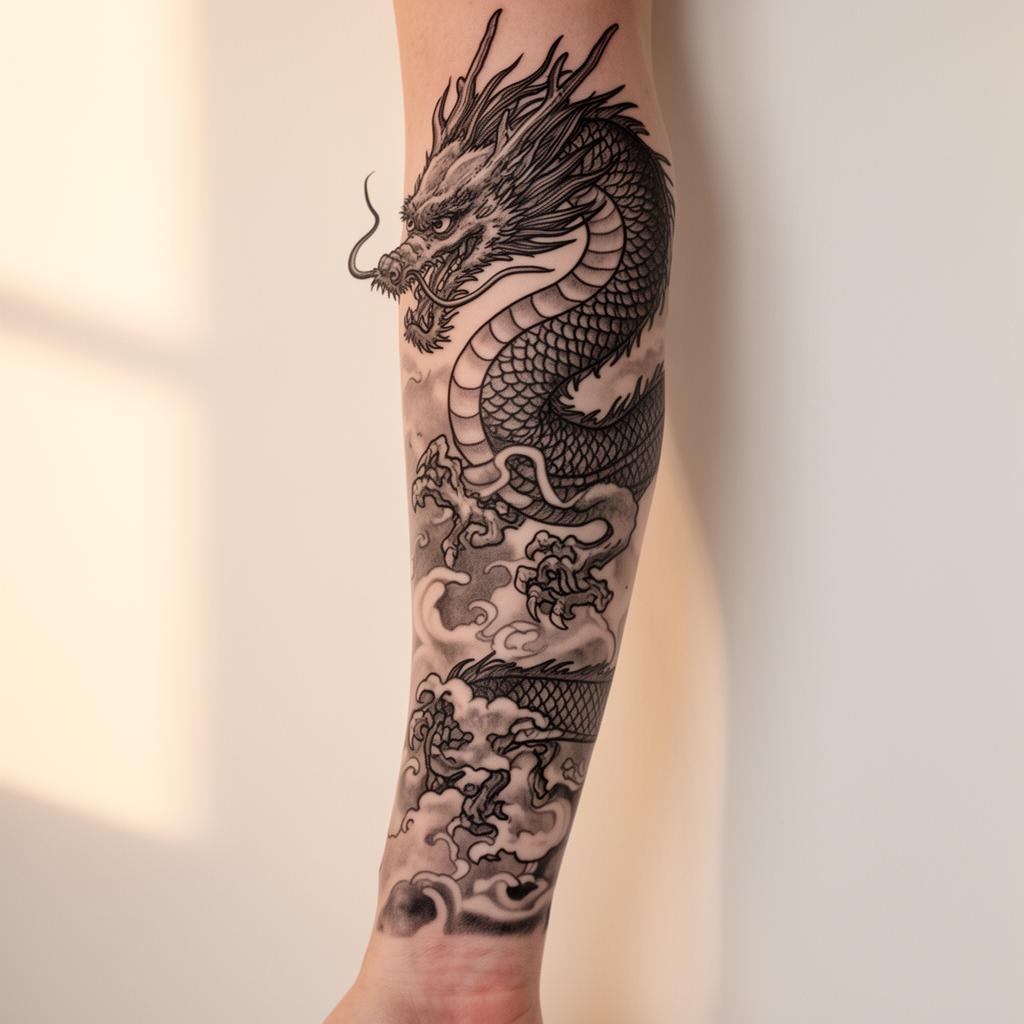 Black ink Japanese dragon tattoo on left arm